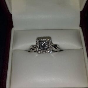 Helzberg Diamonds Silver Ring with Princess-Cut Diamond and Halo Design